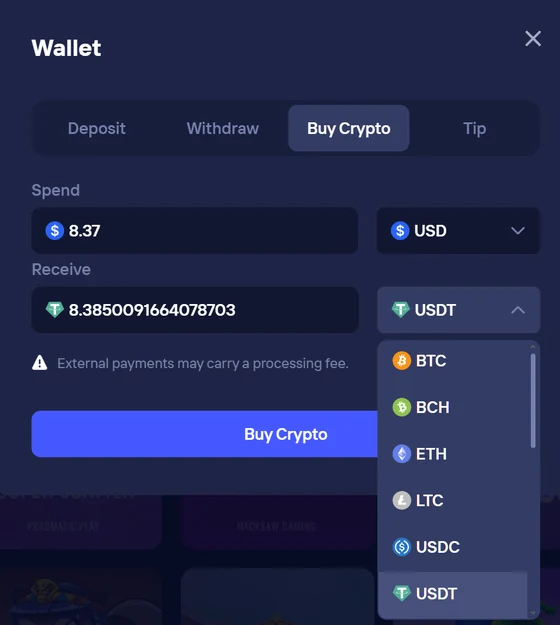 Duel Casino Buy Crypto screen: convert USD fiat to USDT, BTC, BCH, ETH, LTC or USDC directly inside the casino wallet without leaving the platform.