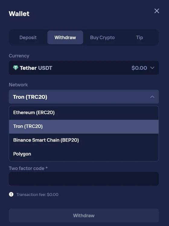 Duel Casino wallet withdrawal screen: USDT selected with network choice — Tron TRC20, Ethereum ERC20, Binance Smart Chain BEP20, Polygon. Zero transaction fee.