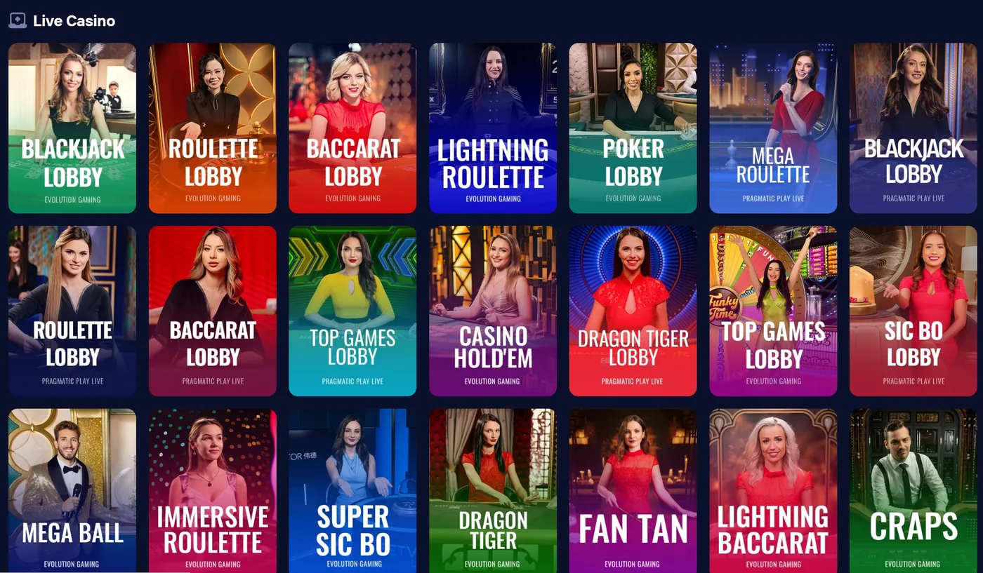 Duel Casino live casino lobby with Evolution Gaming tables: Blackjack Lobby, Roulette Lobby, Baccarat, Lightning Roulette, Poker, Mega Roulette.