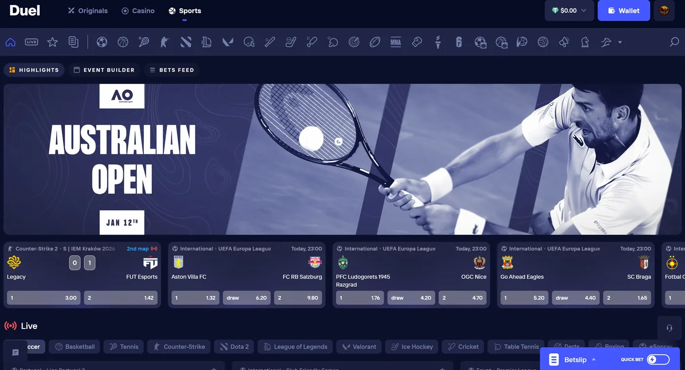 Duel Casino sportsbook interface showing Australian Open tennis betting with competitive live odds and Counter-Strike esports markets.