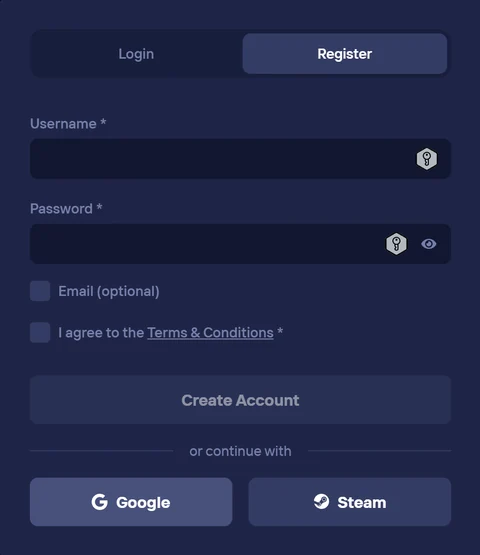 Duel Casino registration form — create an account with username and password, or continue with Google or Steam.